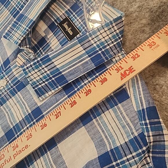 Neiman Marcus Men XXL Short Sleeve Linen Button Shirt Blue White Check - Picture 7 of 8